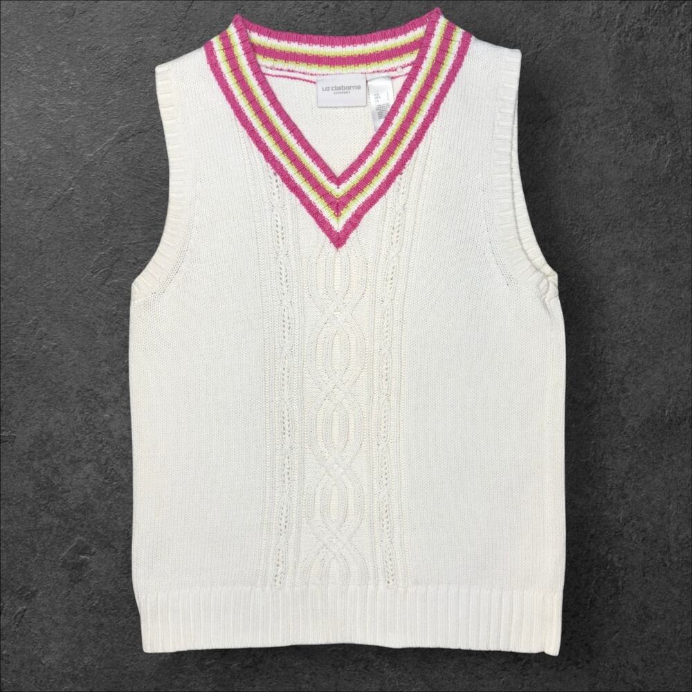 Vintage 90s Liz Claiborne LizSport Ivory Cable Knit Varsity Sweater Vest Large